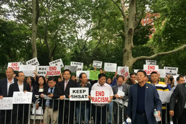 Asian American groups protesting the mayor's proposal to eliminate the SHSAT at City Hall Park yesterday